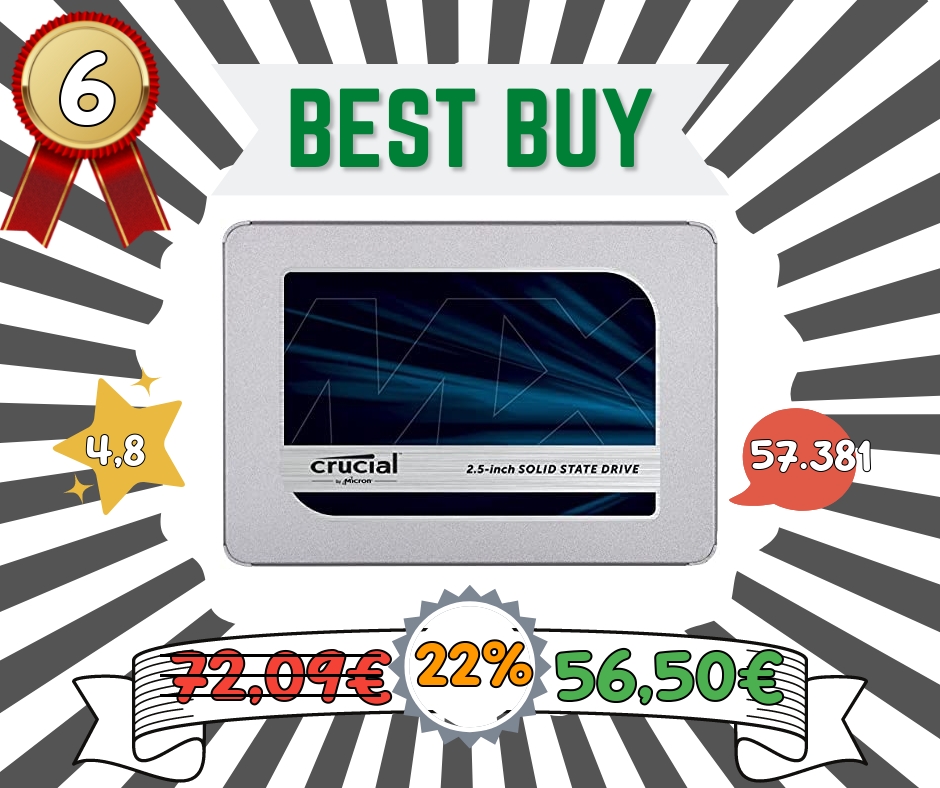 Crucial MX500 500GB CT500MX500SSD1 SSD Interno-fino a 560 MB/s, 3D NAND, SATA, 2.5 Pollici, Metallico