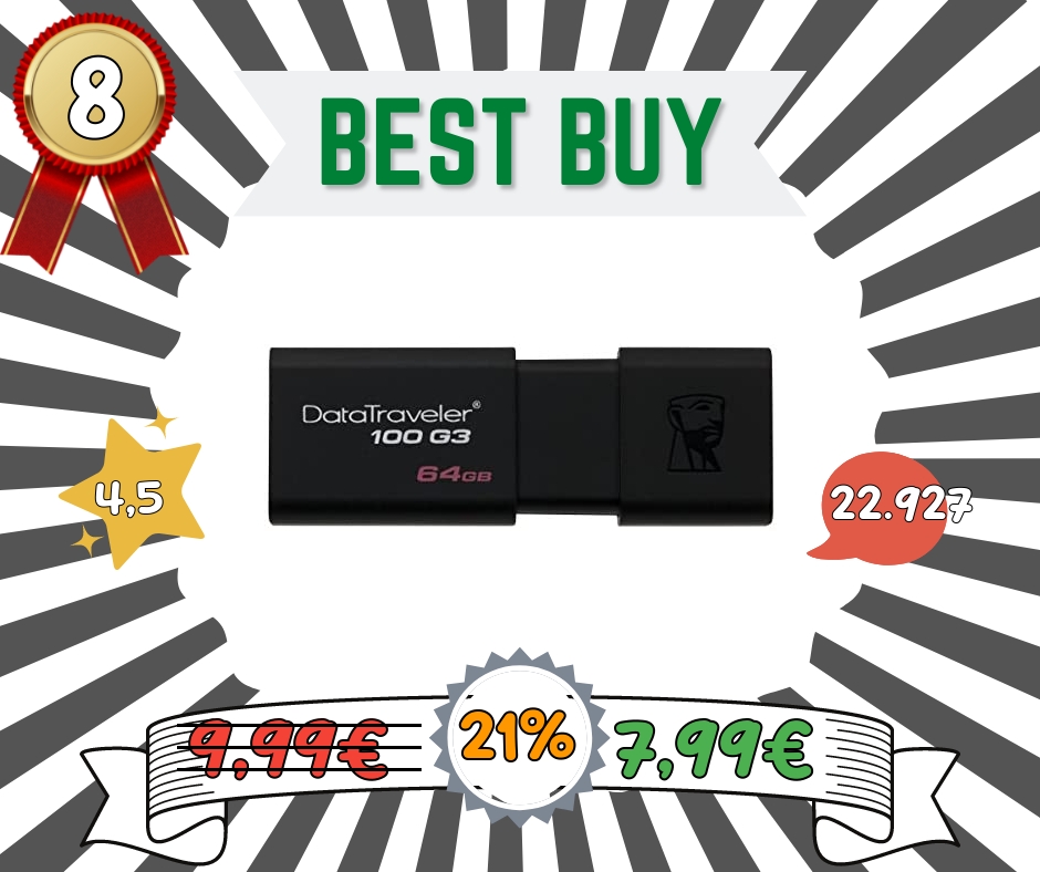 Kingston DataTraveler 100 G3-DT100G3/64GB USB 3.0, PenDrive, 64 GB, 1 Pezzo, Nero