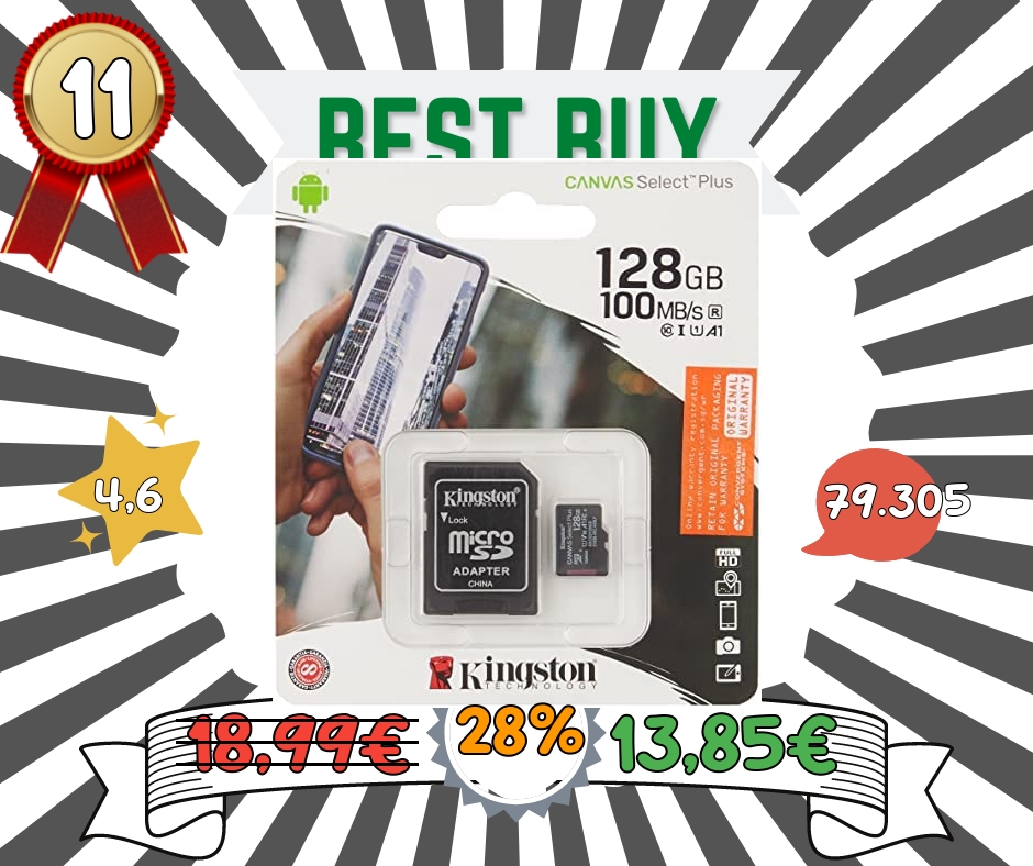 Kingston Canvas Select Plus SDCS2/128GB Scheda microSD Classe 10 con Adattatore SD Incluso, 128 GB