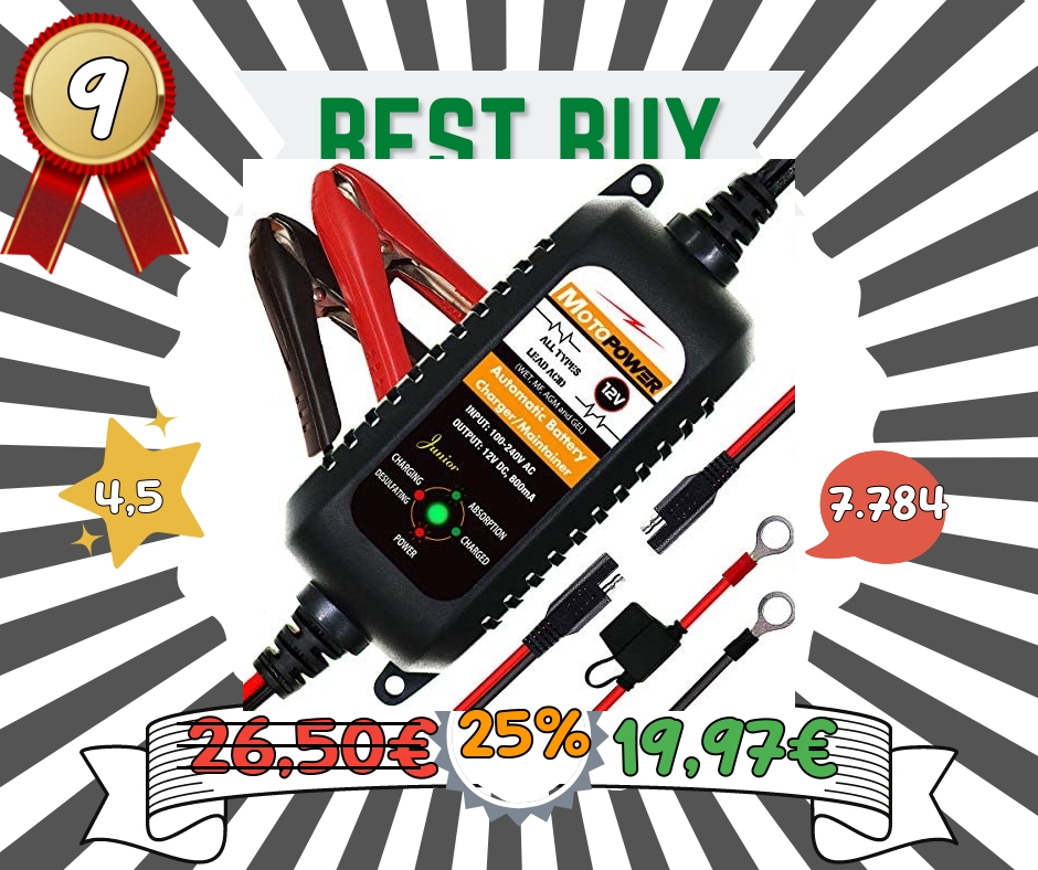 MOTOPOWER MP00205A 12V 800mA Completamente Automatico Caricabatterie/manutentore per Auto, Moto, ATV, Camper, Powersports, Barca e Altro Ancora. Intelligente, Compatto ed Ecologico