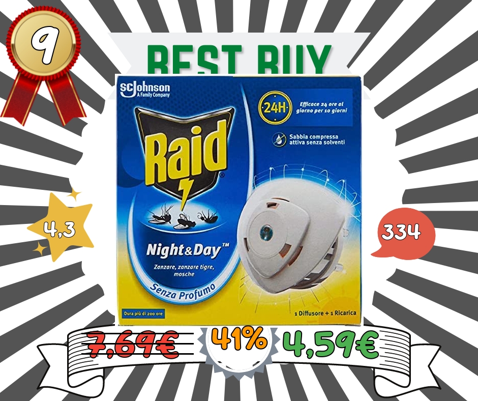 Raid Night & Day Base con Ricarica, Antizanzare e Repellente Mosche, Contiene 1 Diffusore e 1 Ricarica, Senza Profumo