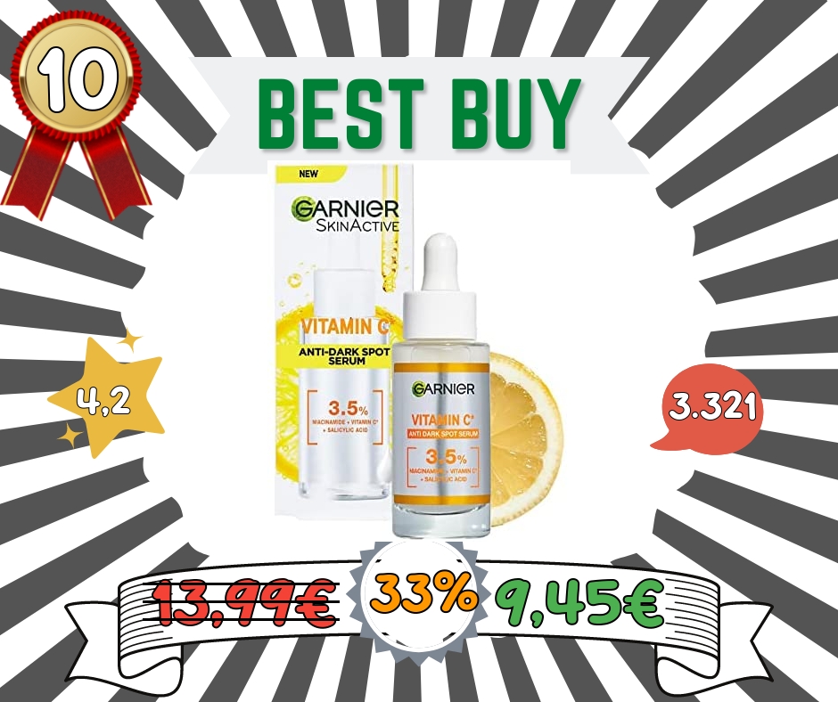 Garnier Siero Vitamina C Anti-Macchie, Illuminante e Rimpolpante, Arricchito con Vitamina C, Niacinamide e Acido Salicilico, Pelle Luminosa e Libera dalle Macchie Scure in 6 Giorni, 30 ml