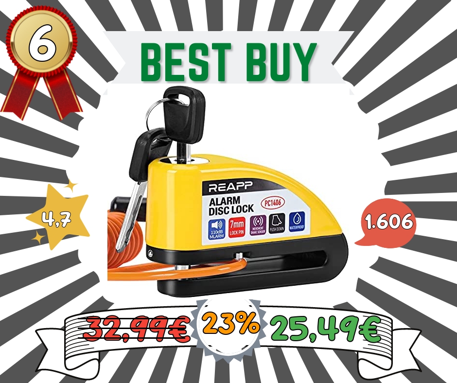 REAPP Bloccadisco Moto Lucchetto Moto Antifurto con Allarme Sonoro 110DB, Blocca disco Moto Protezione Antifurto per Moto Bici, Accessori con 2 chiavi und 1.5m Reminder REAPP Bloccadisco Moto Lucchetto Moto Antifurto con Allarme Sonoro 110DB, Blocca disco Moto Protezione Antifurto per Moto Bici, Accessori con 2 chiavi und 1.5m Reminder